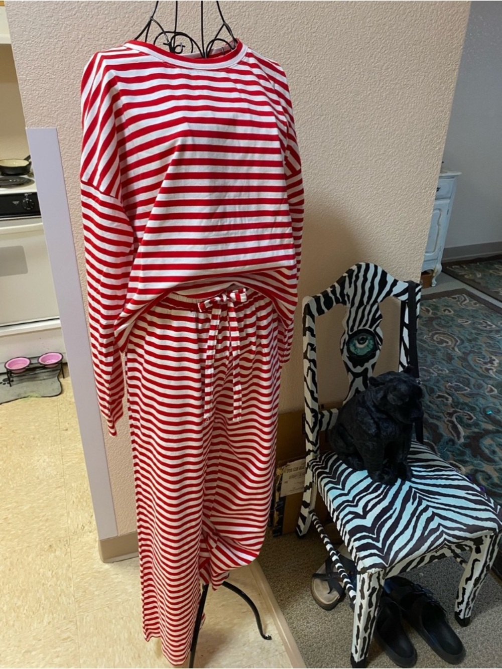 Women's Red & White Striped Pajama Set - Comfortable Lounge Top & Pants - Picture 1 of 13